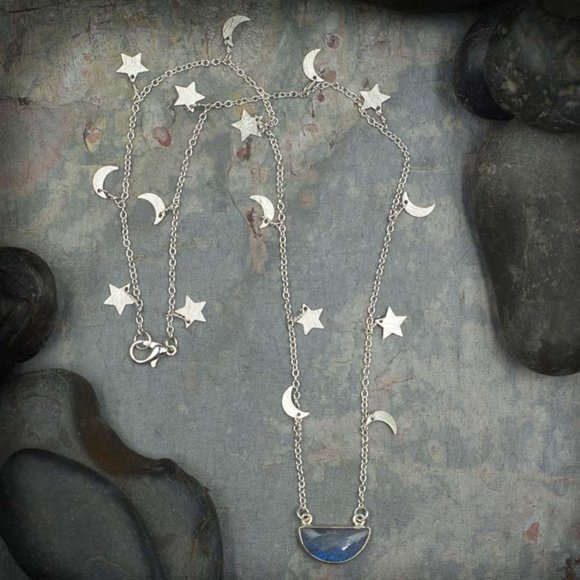 Labradorite Half Moon Pendant on Moon and Star Chain - Picture 2 of 2